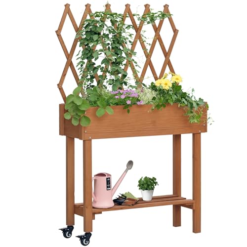 Outsunny Hochbeet mit Rankgitter, Blumenkasten mit Ablage, Pflanzkübel mit Rollen, Pflanzkasten für Terrasse, Balkon, Massivholz, Braun, 79 x 29 x 130 cm von Outsunny