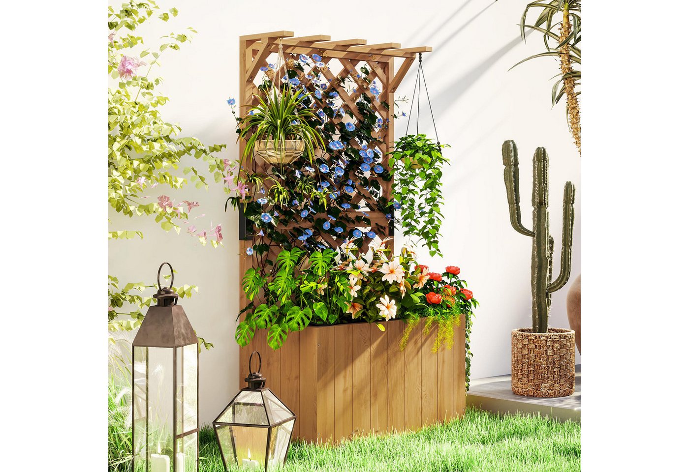 Outsunny Hochbeet mit Rankgitter, Dach, aus Holz, 64 x 33 x 122cm (Gemüsebeet, 1 St., Pflanzkasten), für Garten Balkon Terrasse, für Kletterpflanzen Korbpflanzen, Blumen von Outsunny