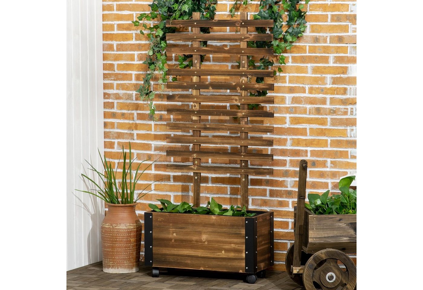 Outsunny Hochbeet mit Rankhilfe, 4 Rollen (Blumenkasten, 1 St., Kletterpflanzenbeet), für Garten, Balkon, Verkohlt von Outsunny