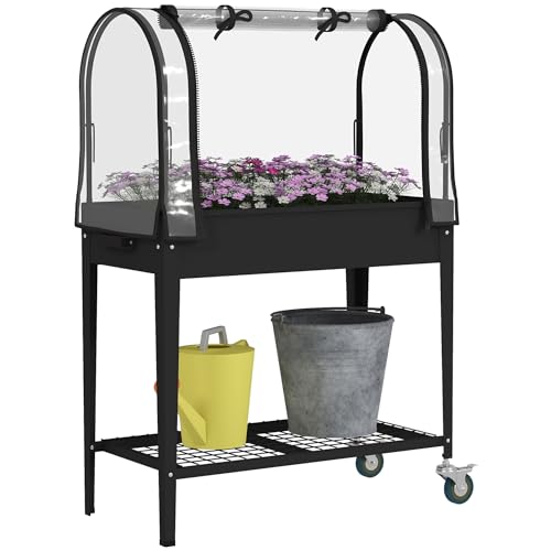 Outsunny Hochbeet mit transparenter Plane, Mini-Gewächshaus, 2 Rollen und 1 unterer Ablage für Gemüse, Blumen, Maße: 80 x 40 x 120 cm (L x B x H) von Outsunny