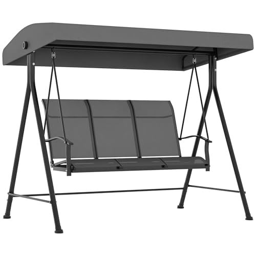 Outsunny Hollywoodschaukel 3-Sitzer, Gartenschaukel mit Verstellbarem Dach, Schaukelbank mit Armlehne, bis 240 kg Belastbar, Metall, Texteline, Dunkelgrau, 195 x 118 x 170 cm von Outsunny