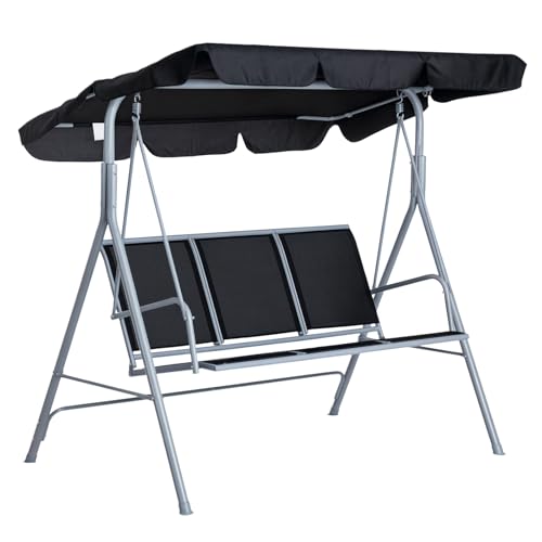 Outsunny Hollywoodschaukel mit verstellbarem Sonnendach, 3-Sitzer Gartenschaukel mit Anti-Rutsch-Füßen, Schaukelbank belastbar bis 240 kg, Gartenliege für Garten, Terasse, 170x110x153cm, Grau+Schwarz von Outsunny
