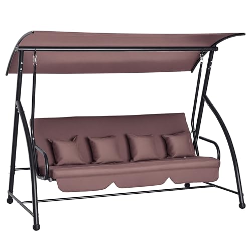 Outsunny Hollywoodschaukel Gartenschaukel Hängebank 3 sitzer Schaukel mit verstellbarem Dach Liegefunktion Polyester Braun 215 x 120 x 165 cm von Outsunny