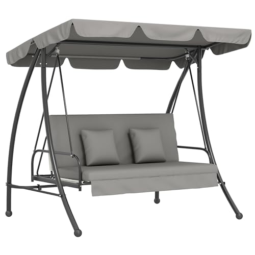 Outsunny Hollywoodschaukel Gartenschaukel Schaukel Schaukelbank mit Liege-Funktion, 3 Sitzer, Metall+Polyester, Grau, 209 x 114 x 170 cm von Outsunny