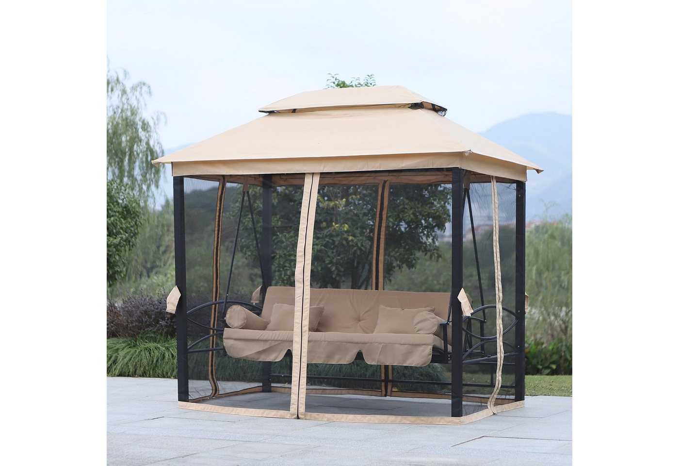 Outsunny Hollywoodschaukel Gartenschaukel Schaukel mit Seitenwänden, 3-Sitzer, Bettfunktion, Gartenliege, 1 tlg., Schaukel, für Garten, Balkon,Beige von Outsunny