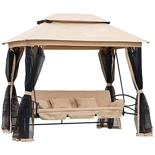 Outsunny Hollywoodschaukel Gartenschaukel Schaukel mit Seitenwänden 3-Sitzer Beige 256 x 172 x 248 cm von Outsunny