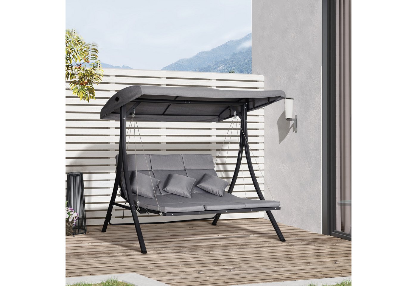 Outsunny Hollywoodschaukel Gartenschaukelmit mit Sonnendach, 3-Sitzer, Verstellbares Dach, Schaukelbank, 1 tlg., Schaukelstuhl, für Garten, Balkon, Grau von Outsunny