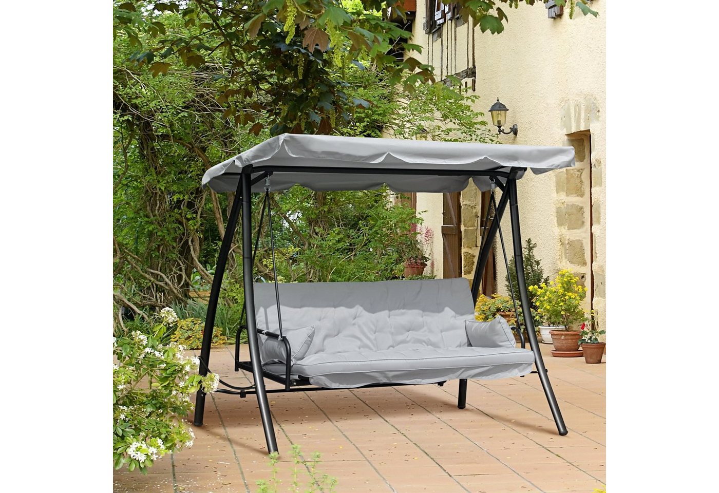 Outsunny Hollywoodschaukel Schaukelbank mit Dach, 3-Sitzer, Bettfunktion, Schaukelstuhl, 1 tlg., Gartenschaukel, für Garten, Balkon, Grau von Outsunny