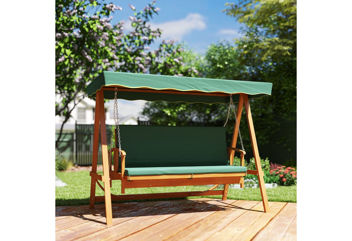 Outsunny Hollywoodschaukel mit Sonnendach, Sitzauflage, bis 330kg, 3-Sitzer, Liegefunktion, 3-Sitzer Gartenschaukel aus Holz, 1 tlg., 2 in 1 Holzschaukel mit Liegefunktion, für Garten, Terrasse, 236x130x181 cm, Dunkelgrün von Outsunny