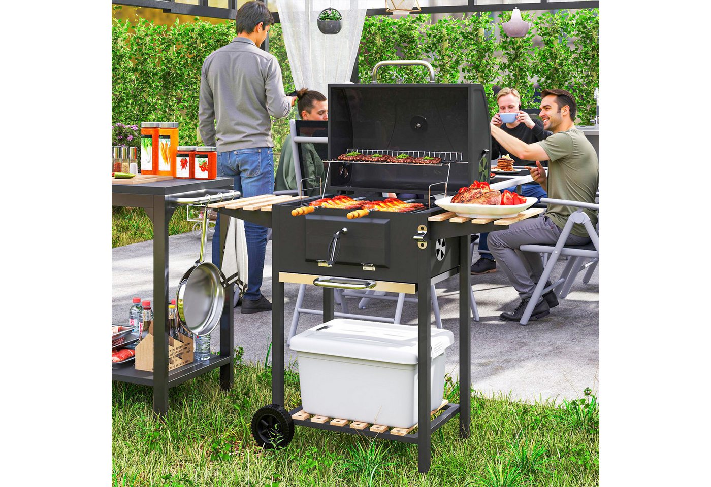 Outsunny Holzkohlegrill mit Thermometer, Grillrost, Räder, Griff, verstellbar Kohlewanne, fahrbar Grillwagen mit Deckel, Kohlegrillwagen aus Edelstahl, mit Holzablage, für Camping, Garten, 112 x 58 x 107cm von Outsunny