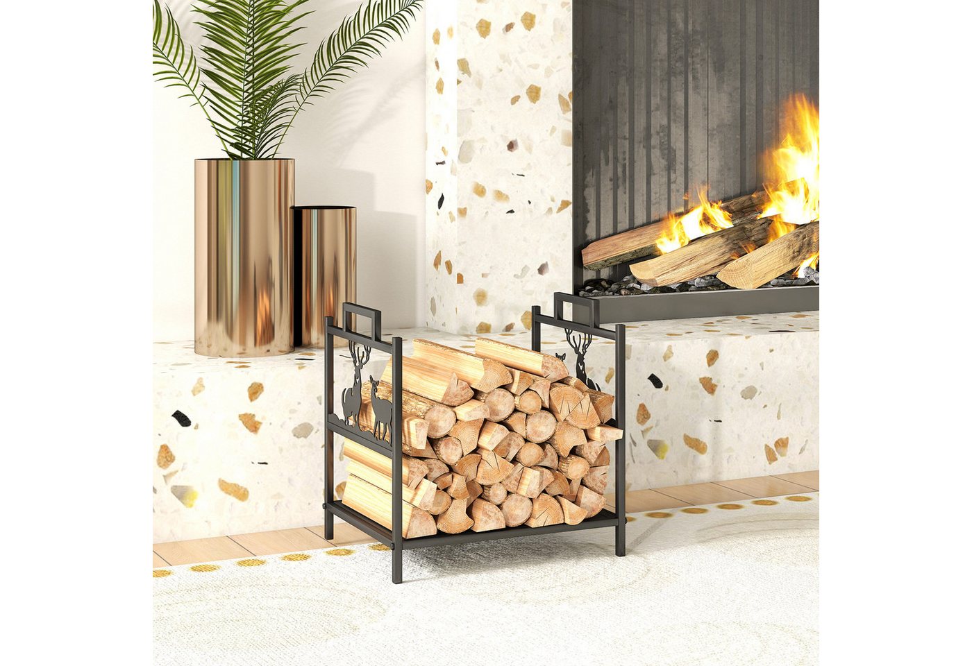 Outsunny Kaminholzregal mit Rentierdesign, BxTxH:33.5x42.5x43 cm, (Brennholzregal für innen, 1-St., Kaminholzständer für Kamin Ofen), 42,5 x 33,5 x 43 cm, aus Metall Schwarz von Outsunny