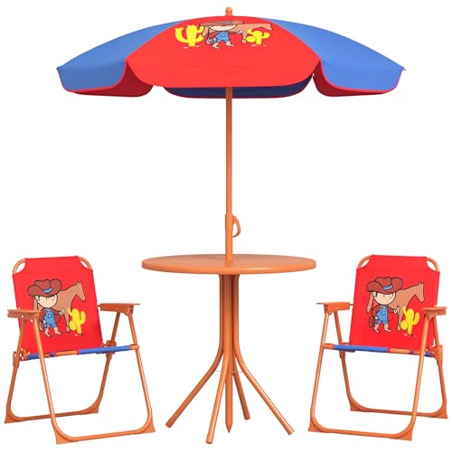 Outsunny Kids Bistro Set Kinder Tisch und Stuhl Set Gartenmöbel Cowboy Thema 4 Stück mit verstellbarem Sonnenschirm, Faltbare Stühle für 2-5 Jahre - Blau und Rot von Outsunny