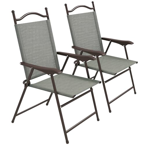 Outsunny Klappstühle 2er Set, Gartenstuhl mit Armlehne, atmungsaktiver Netzstoffsitz, Camping-Sportstühle für Erwachsene, dunkelgrau von Outsunny