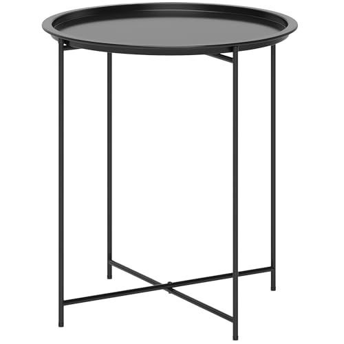 Outsunny Kleiner Couchtisch, rund, Beistelltisch für Garten, abnehmbare Platte mit erhöhtem Rand, klappbare Füße, Stahlrahmen, für Garten, Balkon, Terrasse, Wohnzimmer, Schwarz von Outsunny