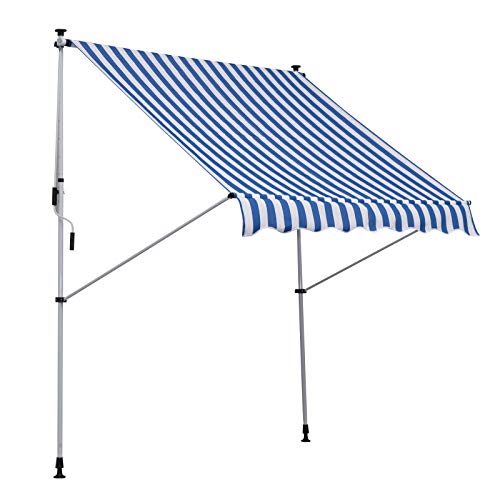 Outsunny Klemmmarkise mit Handkurbel höhenverstellbar Gelenkarmmarkise schmutzabweisend, witterungsbeständig Balkonmarkise 150cm breit Terrassenmarkise für Terrasse Balkon Veranda Blau+Weiß von Outsunny