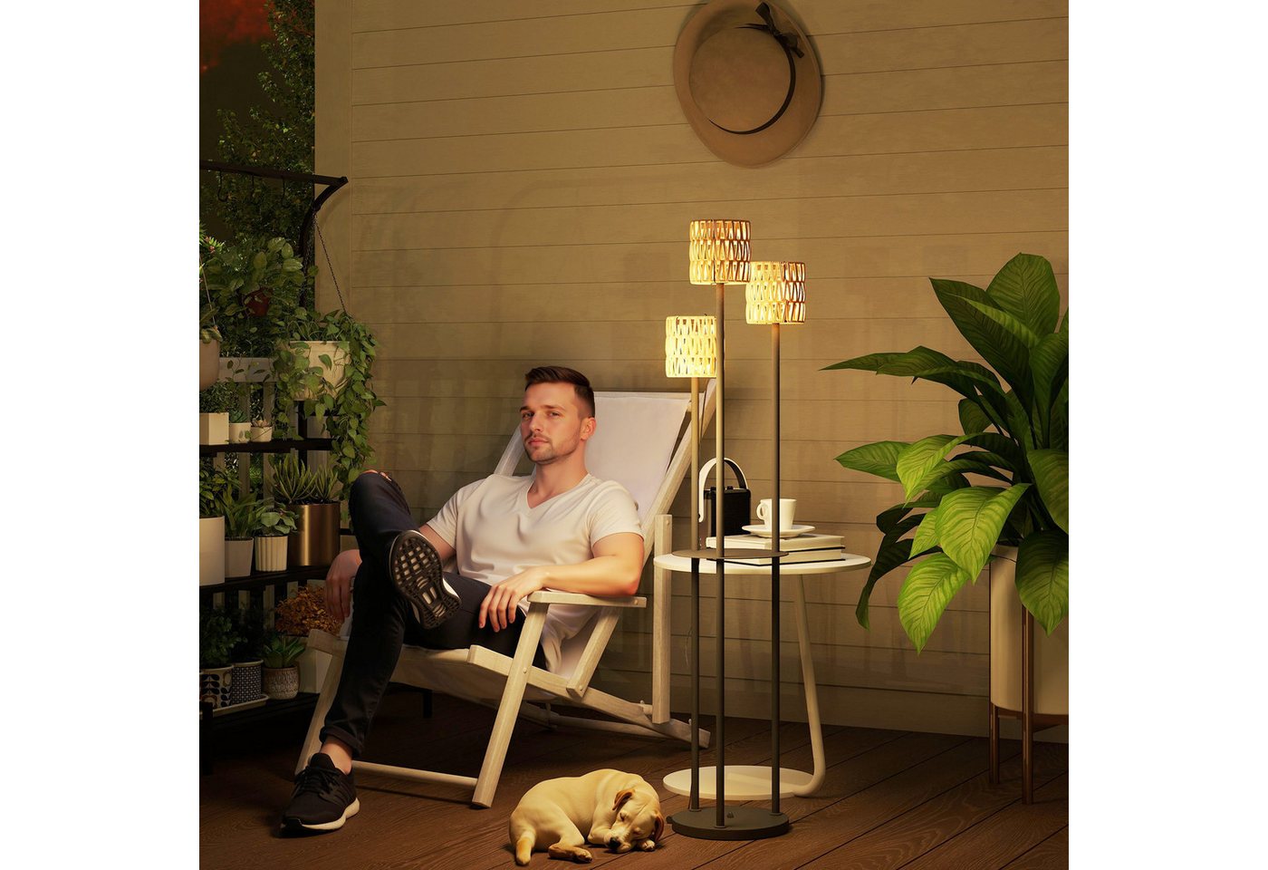 Outsunny LED Solarleuchte mit Lichtsensor, 3 Lichte, Regal, im Boho-Stil, Ein-,Ausschalter, Glühlampe, für Garten Balkon Außen Rasen, Ø37 x 144H cm von Outsunny