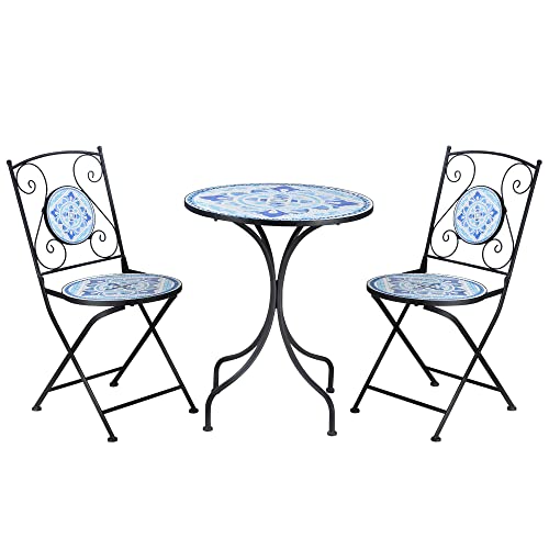 Outsunny Ø 61 cm Garten Sitzgruppe 3-teiliges Bistro-Set Garnitur 1 Tisch+2 Faltbare Stühle für Terrasse Balkon Stahl Blau von Outsunny