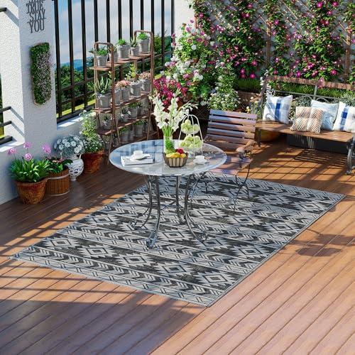 Outsunny Outdoor-Teppich, wasserdichter Kunststoffteppich, Balkonteppich mit doppelseitigem Design, für Terrasse, Balkon, Camping, Schwarz+Grau, 182 x 274 cm von Outsunny