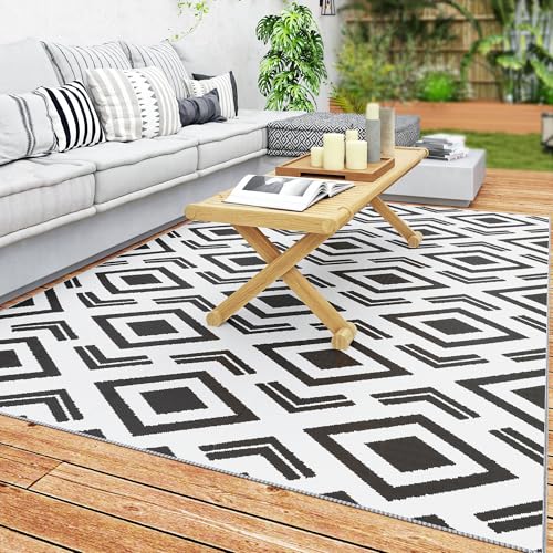 Outsunny Outdoor Teppich robuster Wetterfest Outdoorteppich mit Tragtasche, faltbar Carpet Boho-Style, Outdoor-Teppich für Wohnzimmer Balkon Garten Terrasse Bad Flur Küche, 182 x 274 cm Schwarz+Weiß von Outsunny