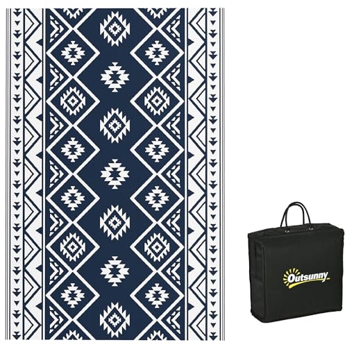 Outsunny Outdoorteppich, Wendeteppich Kunststoffteppich mit Tragetasche, Wasserabweisender Campingteppich für Balkon Terrasse, 182 x 274 cm, Dunkelblau+Weiß von Outsunny