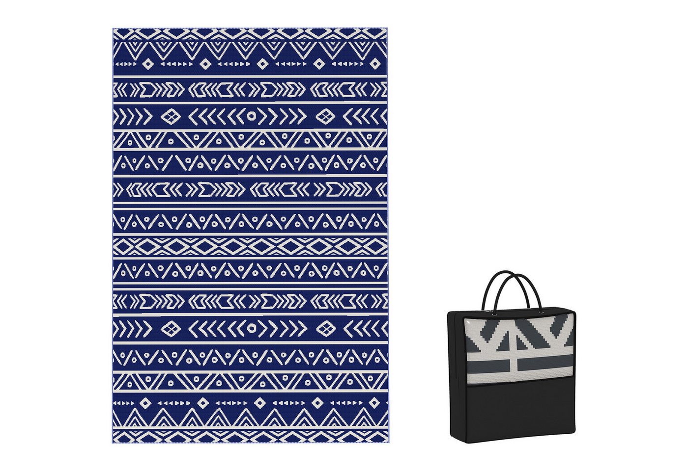 Outsunny Outdoorteppich robust, wetterfest, mit Boho-Style, Rechteckig, Höhe: 1 mm, für Wohnzimmer Balkon Garten Terrasse Bad Flur, 182 x 274 cm Blau+Weiß von Outsunny