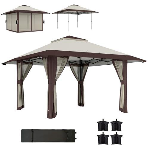 Outsunny Pavillon 4x4m Wasserdicht Höhenverstellbar Pop-up Faltpavillon mit Netzwänden UV 50+ Faltbar Partyzelt Gartenzelt mit Tragetasche Sandsäcke Gartenpavillon für Camping Garten Festival, Beige von Outsunny