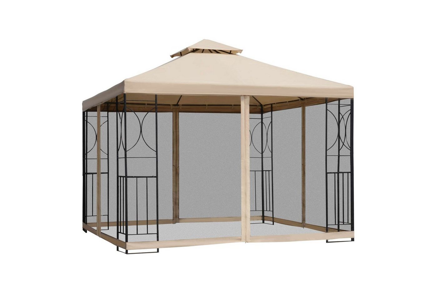 Outsunny Pavillon Partyzelt wetterfest Zelt mit 4 Ablagen Metall + Polyester, mit 4 Seitenteilen, (Partyzelt, Gartenpavillon), für Garten, Beige von Outsunny
