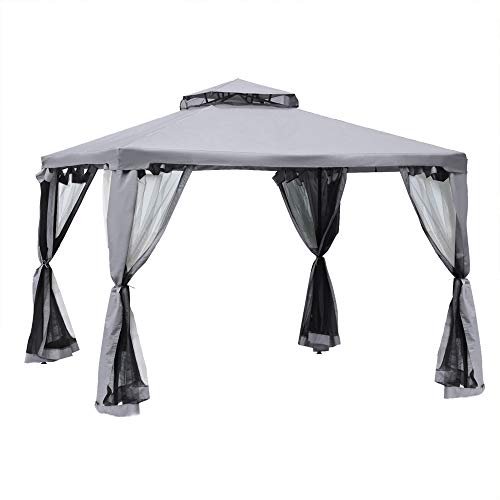 Outsunny Pavillon mit Doppeldach, ca. 3x3 m Stabil Winterfest Wasserdicht Garten-Pavillon mit Moskitonetz, Gartenpavillon mit Seitenteile, aus Metall, für Garten, Terrasse, Hellgrau von Outsunny