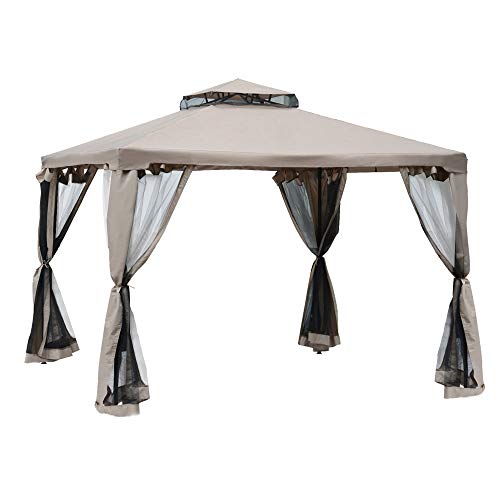 Outsunny Pavillon mit Doppeldach, ca. 3x3 m Stabil Winterfest Wasserdicht Garten-Pavillon mit Moskitonetz, Gartenpavillon mit Seitenteile aus Metall, für Terrasse, Garten, Grau von Outsunny