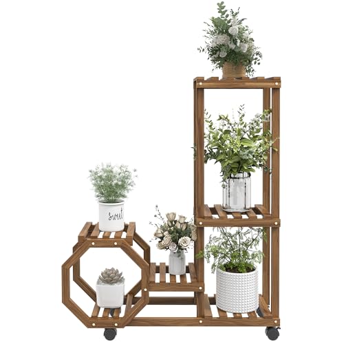 Outsunny Pflanzenständer Holz, Blumenregal mit Rollen, Pflanzentreppe mit 5 Ebenen, Blumenständer, Pflanzenregal, Pflanzentreppe für Garten, Balkon, Verkohlt, 86 x 30 x 102 cm von Outsunny