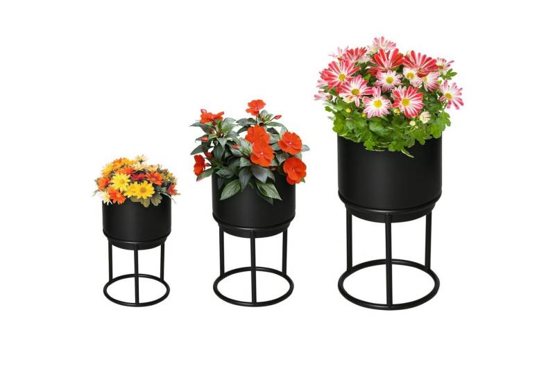 Outsunny Pflanzkübel mit Blumentopf aus Metall, Pflanzenhocker (Blumentopf, 3 St., Pflanzenständer), für Garten, Balkon, Schwarz von Outsunny
