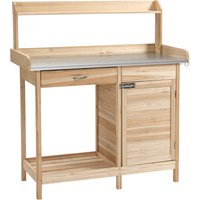 Pflanztisch mit verzinkter Arbeitsplatte Gärtnertisch mit Schublade Schrank Garten Arbeitstisch Massivholz Natur 112 x 45 x 125 cm - Naturholz von Outsunny