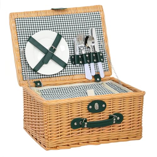 Outsunny Picknickkorb aus Weidenholz Picknickkoffer für 2 Personen mit Isoliert Kühlfach Besteck Set, Picknick Set Komplettset für Camping Strand Weihnachten Hellbraun von Outsunny