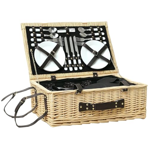 Outsunny Picknickkorb aus Weidenholz Picknickkoffer für 4 Personen mit Isoliert Kühlfach Picknickdecke Besteck Set, Picknick Set Komplettset für Camping Strand Weihnachten Naturholz von Outsunny