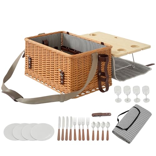 Outsunny Picknickkorb aus Weidenholz Picknickkoffer für 4 Personen mit Picknickdecke Besteck Set, Flascheöffner Picknicktisch Picknick Set Komplettset für Camping Strand Weihnachten Hellbraun von Outsunny