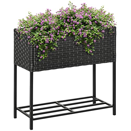 Outsunny Poly Rattan Hochbeet Blumenkasten mit Füßen Blumentopf mit Ablage Mischbraun 70 x 30 x 70 cm von Outsunny