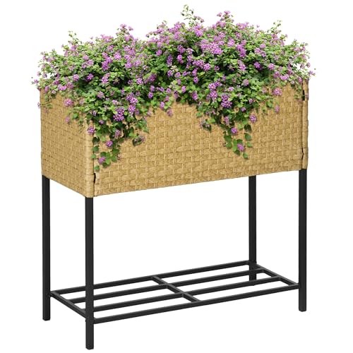 Outsunny Poly Rattan Hochbeet Blumenkasten mit Füßen Rattan Blumenkasten Blumentopf mit Ablage Sand 70 x 30 x 70 cm von Outsunny