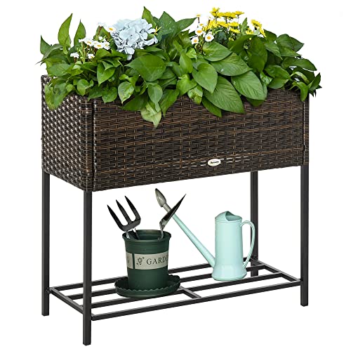 Outsunny Poly Rattan Hochbeet Blumenkasten mit Füßen Rattan Blumenkasten Blumentopf mit Ablage Braun 70 x 30 x 70 cm von Outsunny