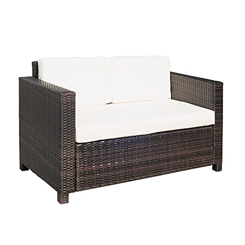 Outsunny Poly-Rattan Sofa mit Kissen 2-Sitzer Garten Loungesofa Metall Polyester Braun+Weiß 130 x 70 x 80 cm von Outsunny