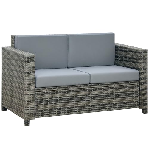Outsunny Poly-Rattan Sofa mit Kissen 2-Sitzer Garten Loungesofa Metall Polyester Grau 130 x 70 x 80 cm von Outsunny