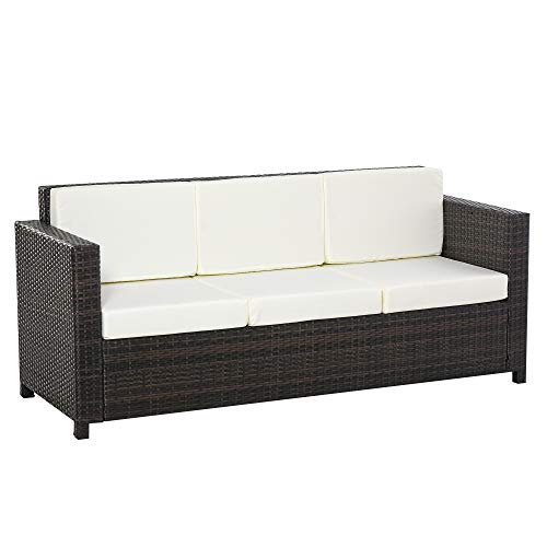 Outsunny Poly-Rattan Sofa mit Kissen 3-Sitzer Garten Loungesofa Metall Polyester Braun+Weiß 185 x 70 x 80 cm von Outsunny