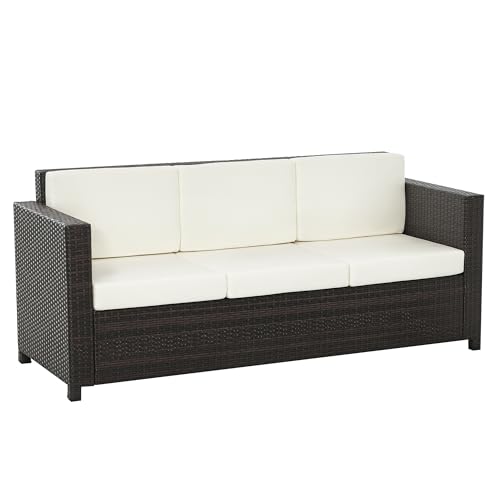 Outsunny Poly-Rattan Sofa mit Kissen 3-Sitzer Garten Loungesofa Metall Polyester Braun+Weiß 185 x 70 x 80 cm Outsunny Poly-Rattan Sofa mit Kissen 3-Sitzer Garten Loungesofa Metall Polyester Braun+Weiß 185 x 70 x 80 cm von Outsunny