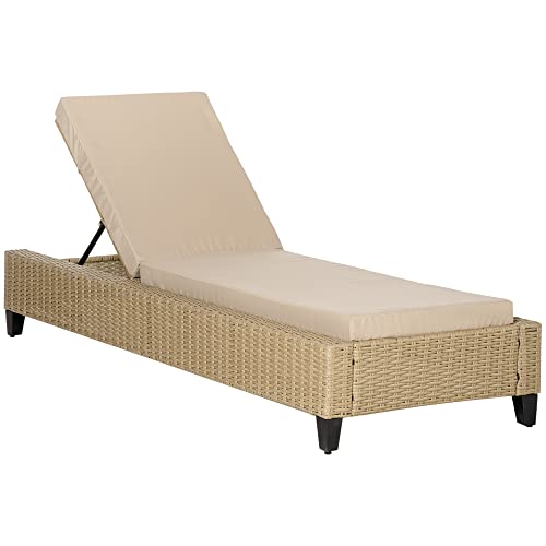 Outsunny Polyrattan Gartenliege mit Kissen Sonnenliege 5-stufig verstellbar Rattanliege Gartenmöbel Liege Stahl Khaki 72 x 198 x 30 cm von Outsunny