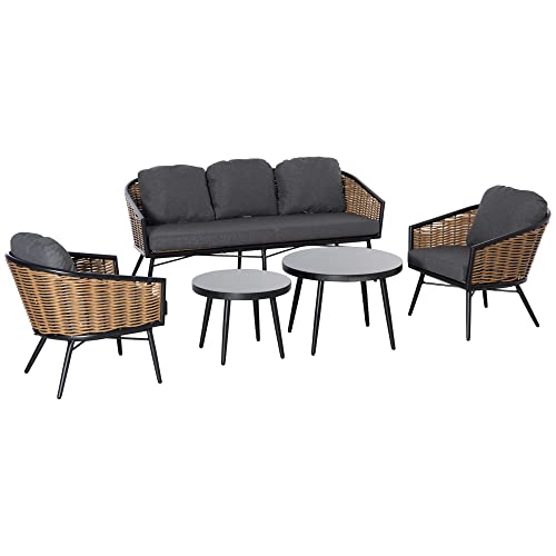 Outsunny Polyrattan Gartenmöbel Set 5-teiliges Rattensofa-Set Sitzgruppe Sitzgarnitur für Pause Lounge Teetisch mit Sofa Kissen Aluminium Natur von Outsunny