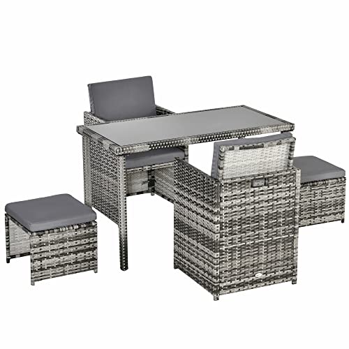 Outsunny Polyrattan Sitzgruppe Essgruppe Gartenset Garnitur 5 TLG. mit Kissen, Grau von Outsunny