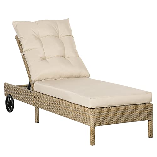 Outsunny Polyrattan Sonnenliege Gartenliege mit Rollen Kissen 4-stufig verstellbar Rattanliege Gartenmöbel Liege Stahl Natur+Khaki 200 x 66 x 92 cm von Outsunny