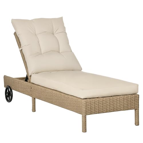 Outsunny Polyrattan Sonnenliege Gartenliege mit Rollen Kissen 4-stufig verstellbar Rattanliege Gartenmöbel Liege Stahl Natur+Khaki 200 x 66 x 92 cm von Outsunny