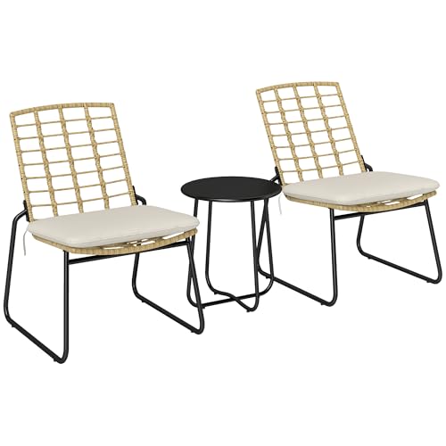 Outsunny Rattan Gartenmöbel Set, Balkonmöbel Set für 2 Personen 3-teilig Outdoor Sitzgruppe mit 2 stapelbar Stühle, Tisch Kissen wetterfest Garten Lounge für Terrasse Balkon, Beige & Braun von Outsunny