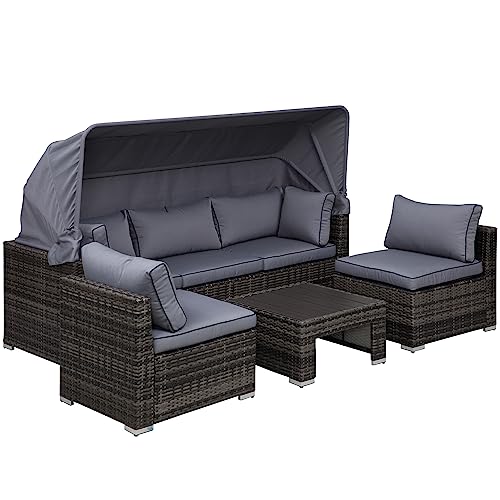 Outsunny Rattan Lounge Set, Sitzgruppe mit Sonnendach, Garten Loungegruppe, inkl. Kissen und Beistelltisch, Metall, Grau, 215 x 75 x 64 cm von Outsunny