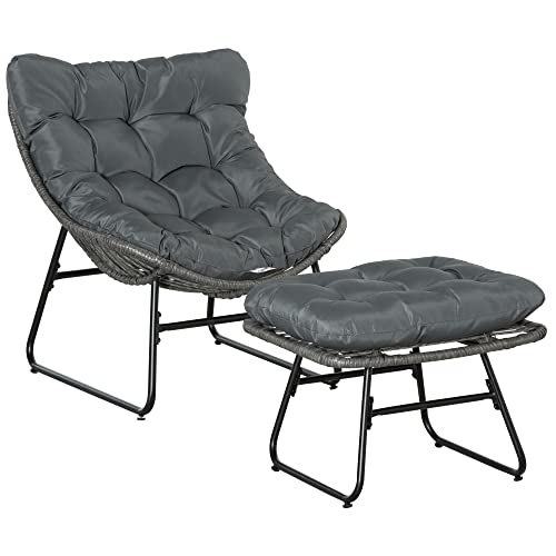 Outsunny Rattan Relaxsessel mit Fußhocker, Gartensessel mit Dicke Kissen Outdoor Rattanstuhl Gartenstuhl für Garten, Balkon, Terrasse Grau von Outsunny